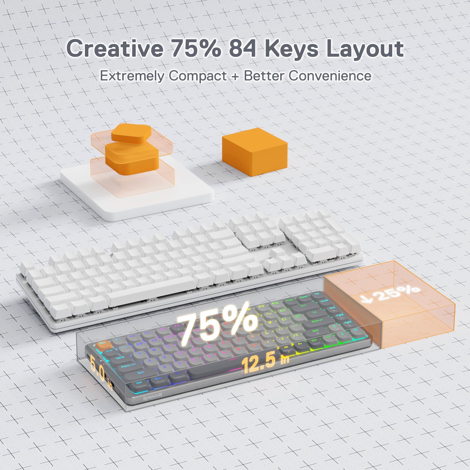 Redragon K652 75% Keyboard Mekanik RGB Nirkabel, Keyboard Gaming Ultra-Tipis 84 Tombol Tri-Mode Bluetooth/2.4Ghz/Berkabel dengan Pelat Atas Aluminium, 100% Didukung Sistem Win/Mac & Sakelar Profil Rendah