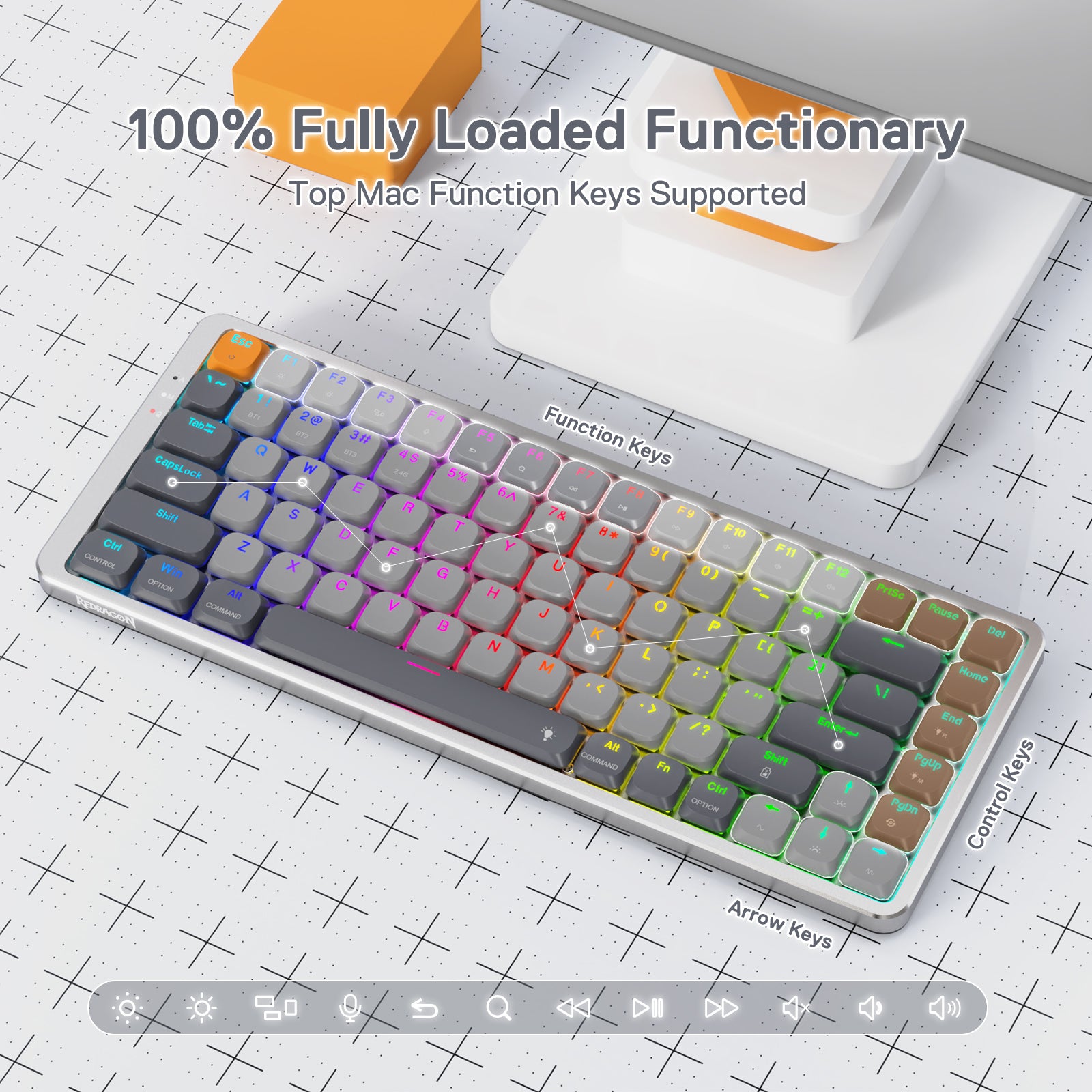 Redragon K652 75% Keyboard Mekanik RGB Nirkabel, Keyboard Gaming Ultra-Tipis 84 Tombol Tri-Mode Bluetooth/2.4Ghz/Berkabel dengan Pelat Atas Aluminium, 100% Didukung Sistem Win/Mac & Sakelar Profil Rendah