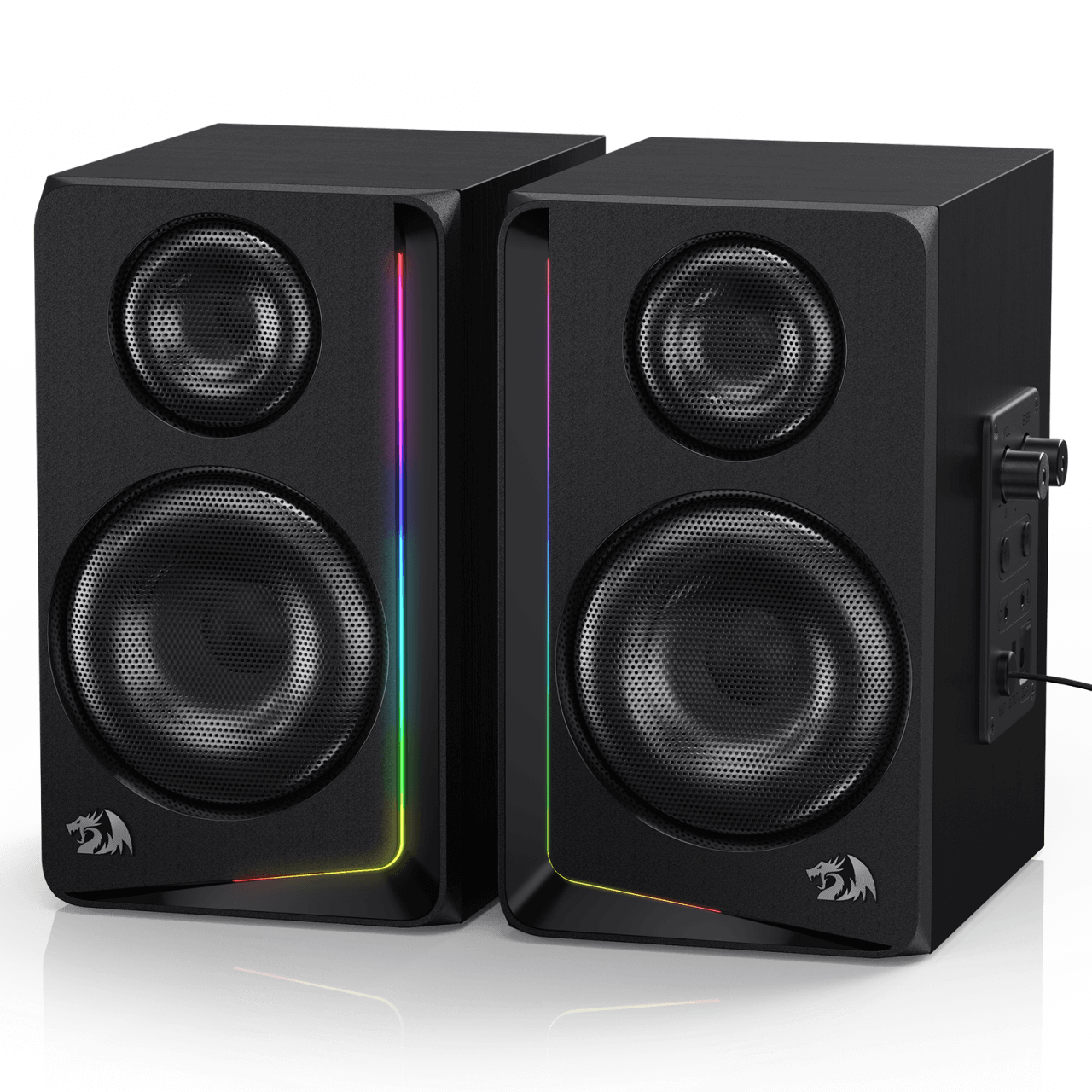 Redragon GS812 Wireless RGB Wooden Desktop Speakers, 2.0 Channel Bookshelf Speaker w/BT 5.0/3.5mm AUX Connection, Enhanced Bass/Volume Knob Control, Extra Mic/Audio Jacks & Dynamic RGB Lighting Bar
