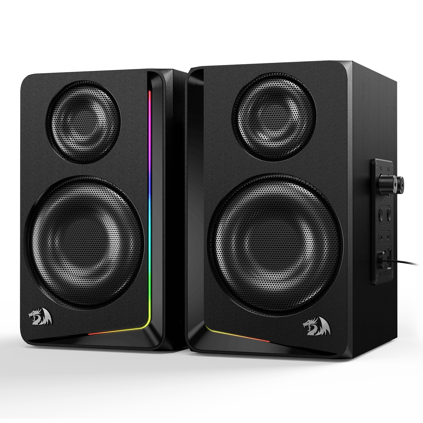 Redragon GS812 Wireless RGB Wooden Desktop Speakers, 2.0 Channel Bookshelf Speaker w/BT 5.0/3.5mm AUX Connection, Enhanced Bass/Volume Knob Control, Extra Mic/Audio Jacks & Dynamic RGB Lighting Bar