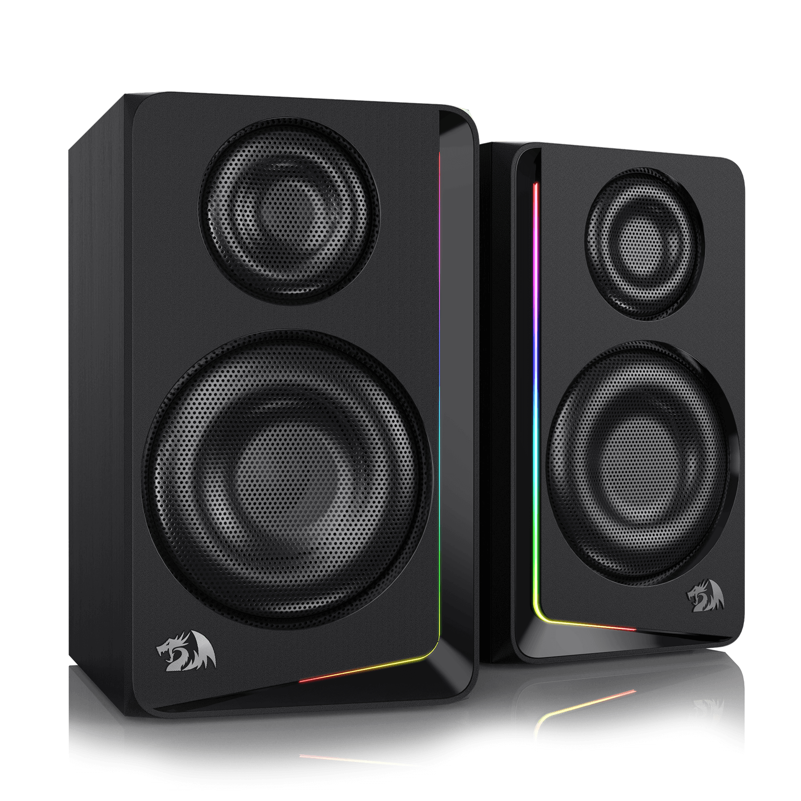 Redragon GS812 Wireless RGB Wooden Desktop Speakers, 2.0 Channel Bookshelf Speaker w/BT 5.0/3.5mm AUX Connection, Enhanced Bass/Volume Knob Control, Extra Mic/Audio Jacks & Dynamic RGB Lighting Bar