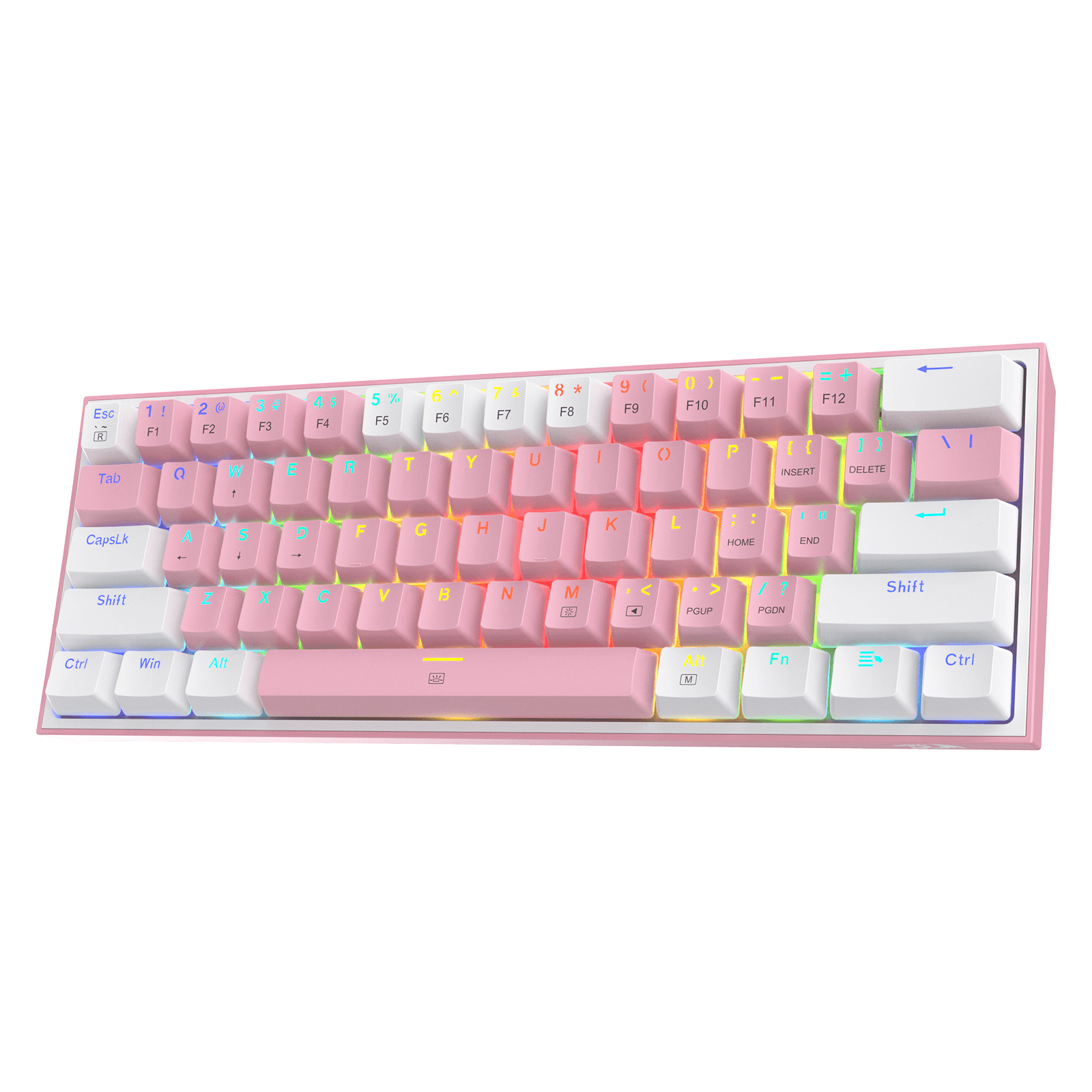 Redragon K617 FIZZ 60% Keyboard Gaming RGB Berkabel, Keyboard Mekanis Ringkas 61 Tombol dengan Keycap Warna Campuran Putih & Merah Muda, Sakelar Merah Linear, Dukungan Driver Profesional