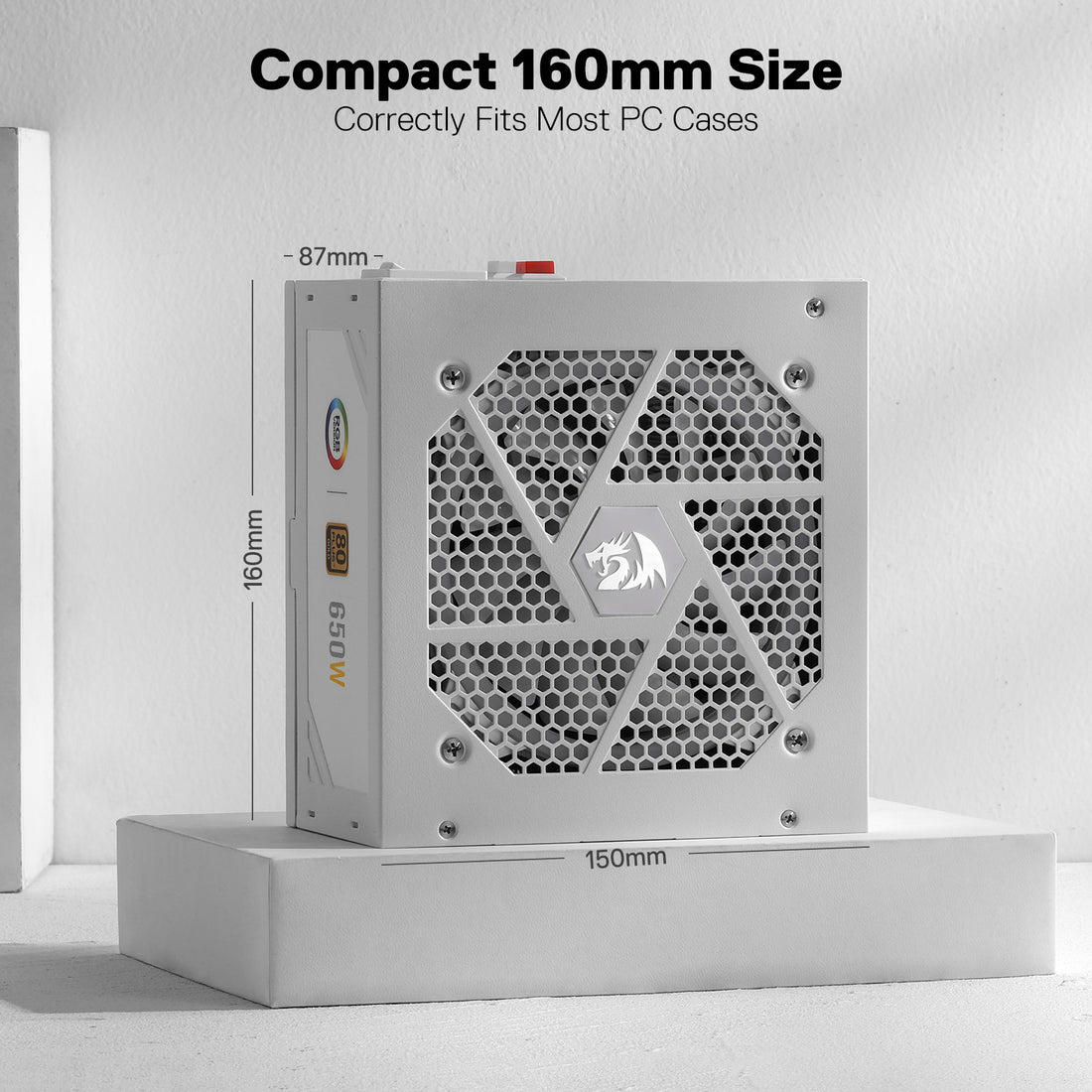 Redragon PSU013 80+ Gold 650 Watt ATX Fully Modular Power Supply w/ 80 Plus Gold Certified, Compact 160mm Size and Low Noise RGB Fan 0 RPM, 100% Japanese Capacitors, Full Mod Cables, White