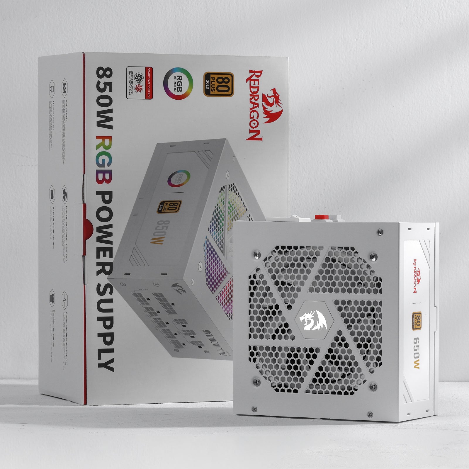 Redragon PSU013 80+ Gold 650 Watt ATX Fully Modular Power Supply w/ 80 Plus Gold Certified, Compact 160mm Size and Low Noise RGB Fan 0 RPM, 100% Japanese Capacitors, Full Mod Cables, White