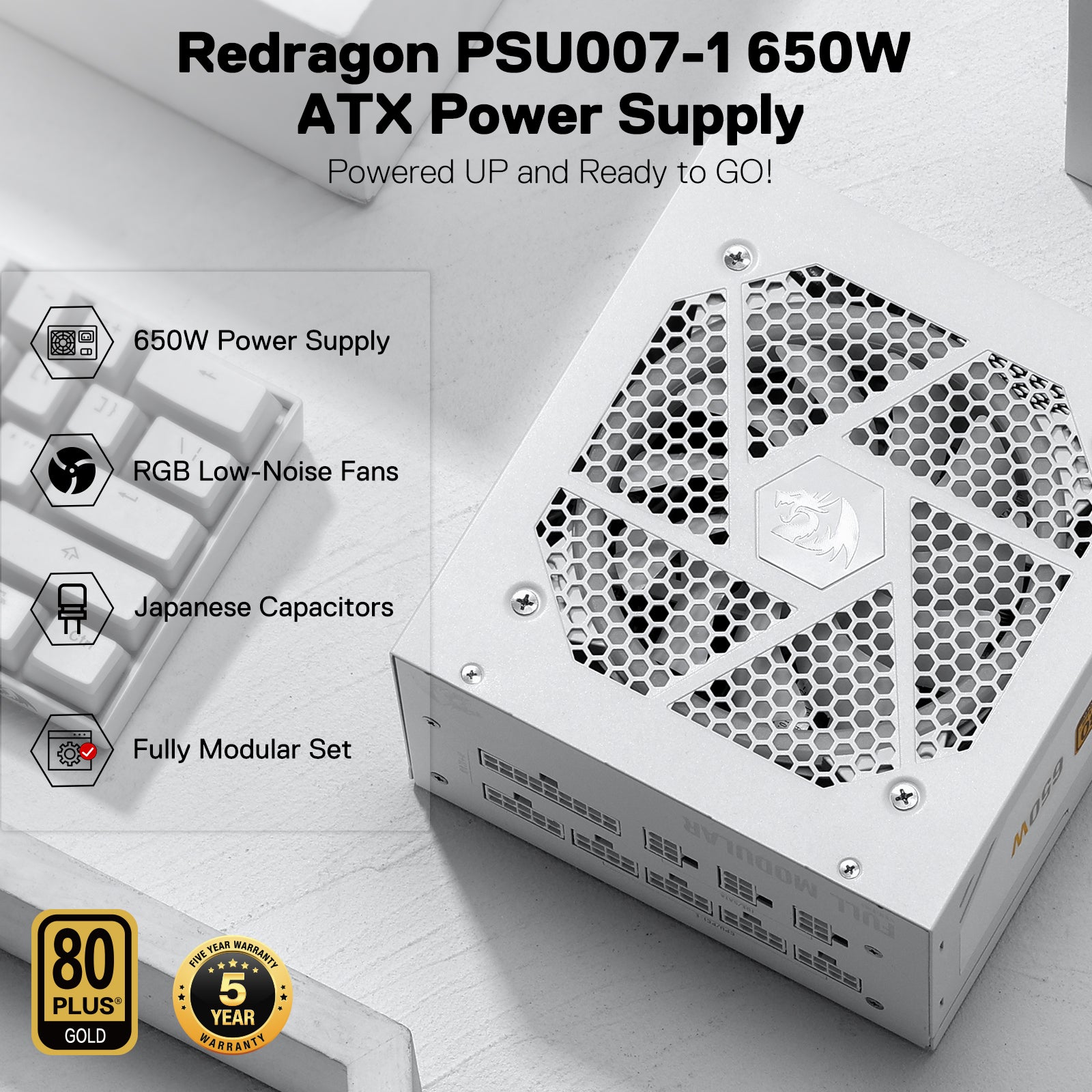 Redragon PSU013 80+ Gold 650 Watt ATX Fully Modular Power Supply w/ 80 Plus Gold Certified, Compact 160mm Size and Low Noise RGB Fan 0 RPM, 100% Japanese Capacitors, Full Mod Cables, White